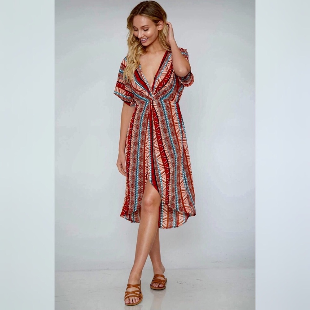 PEACH LOVE Aztec Red  & Teal Short Sleeve Tulip Hem Dress